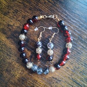 Elegant Red and Black Beaded Bracelet with Matching Earrings